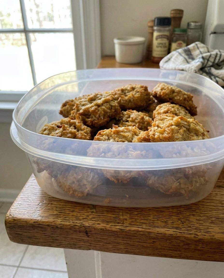 A massive stack of golden brown oatmeal coconut cookies showing chewy textures