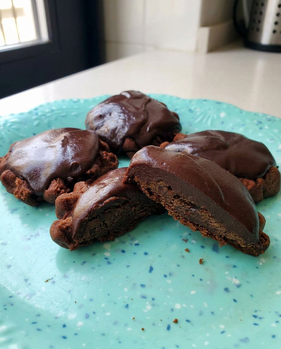 A stack of massive chocolate turtle cookies on a colorful serving platter