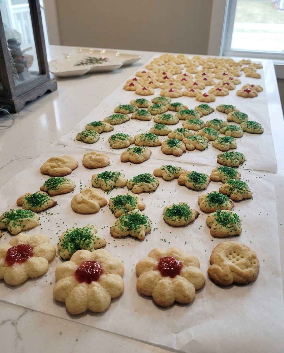 A tray of vanilla spritz cookies in various shapes on a rustic wooden table