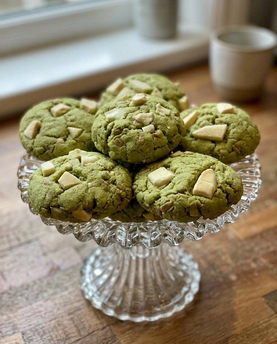 A tray of small green matcha chocolate chips setting on a silicone baking mat