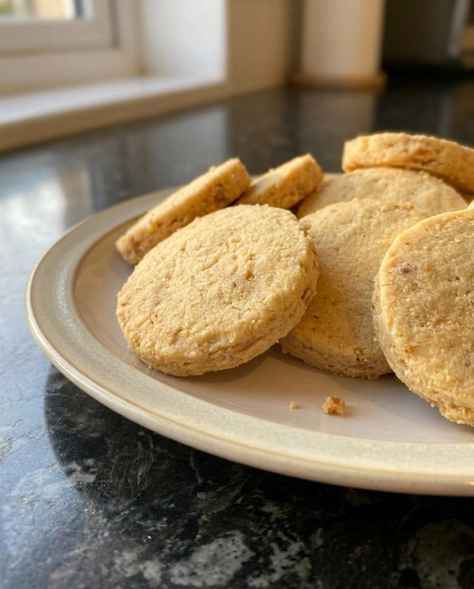 Walnut shortbread cookies served on a platter with a cup of tea