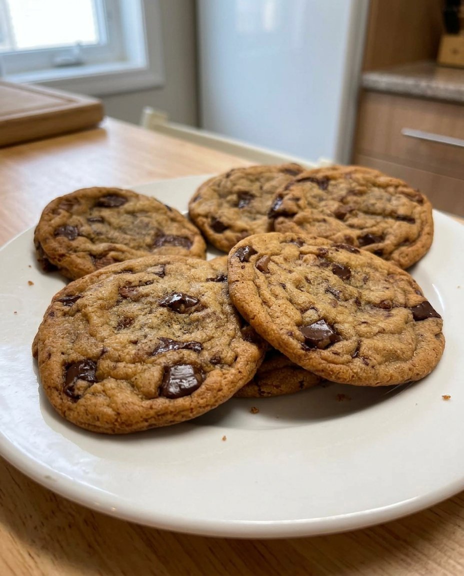 Warm chocolate chip cookies served with a glass of milk