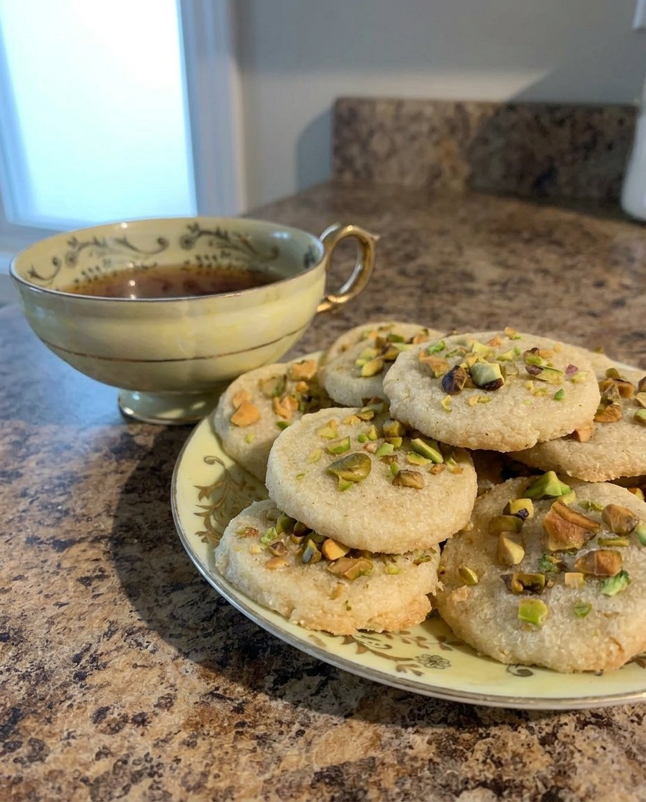 Cardamom Pistachio Cookies 14 A platter of warm cardamom pistachio cookies served with orange slices.