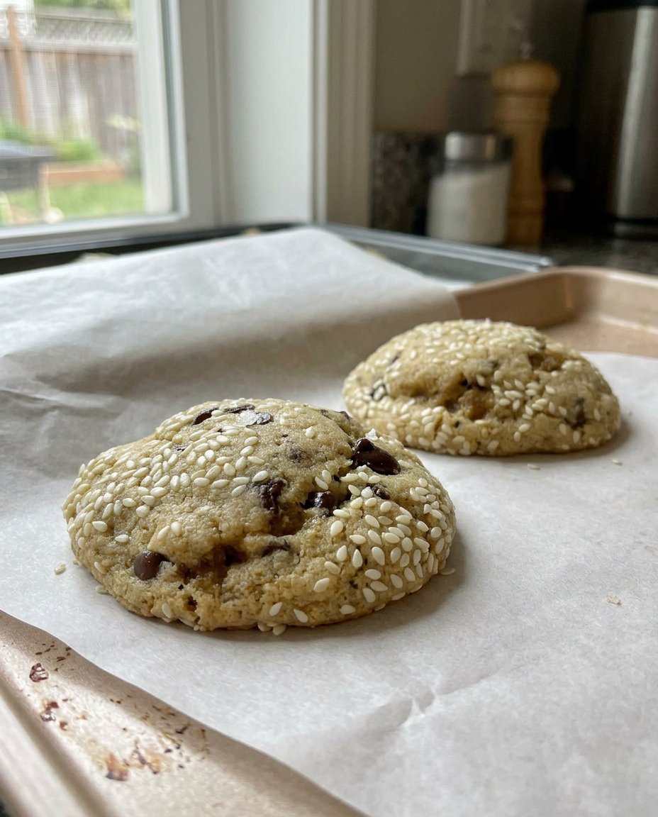 A stack of tahini chocolate chip cookies next to a glass of cold milk