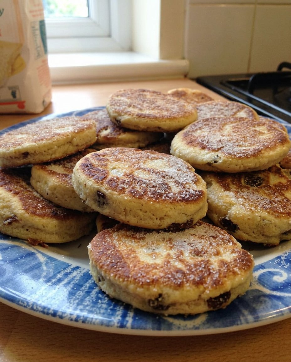 A stack of golden brown Welsh cakes on a rustic wooden board with scattered raisins.