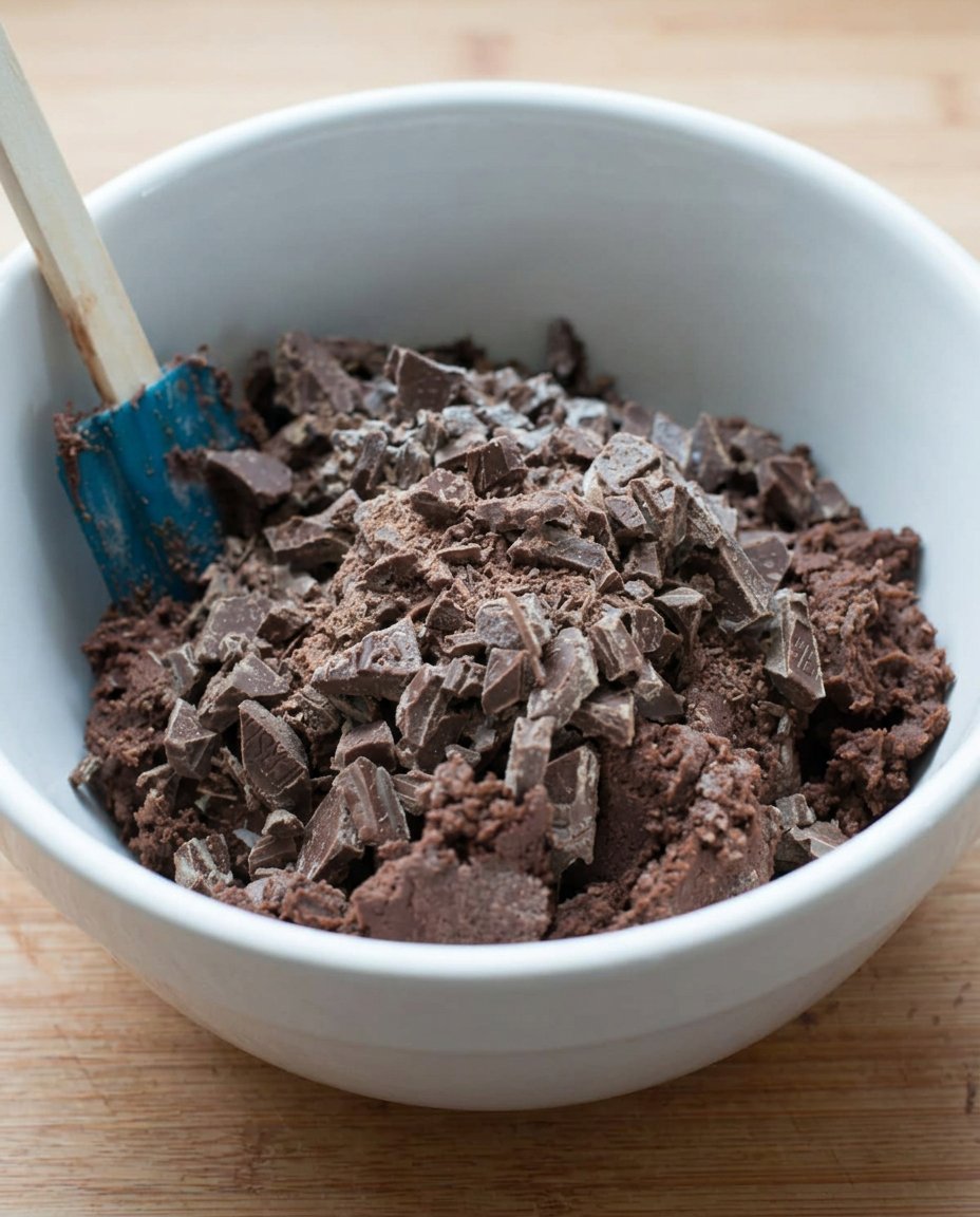 Real ingredients like butter, eggs, and chocolate chunks on a farmhouse table