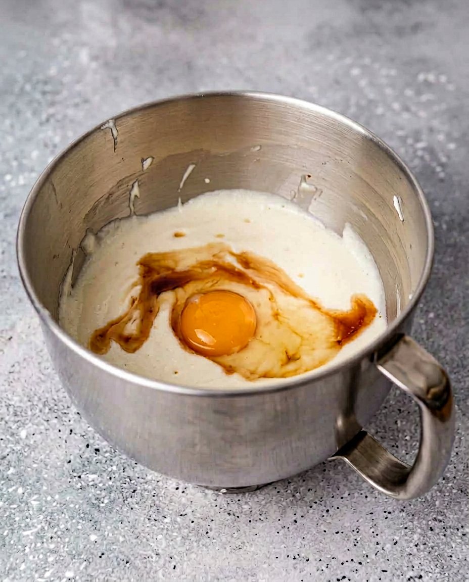 Bowls of flour sugar butter and eggs on a farmhouse table