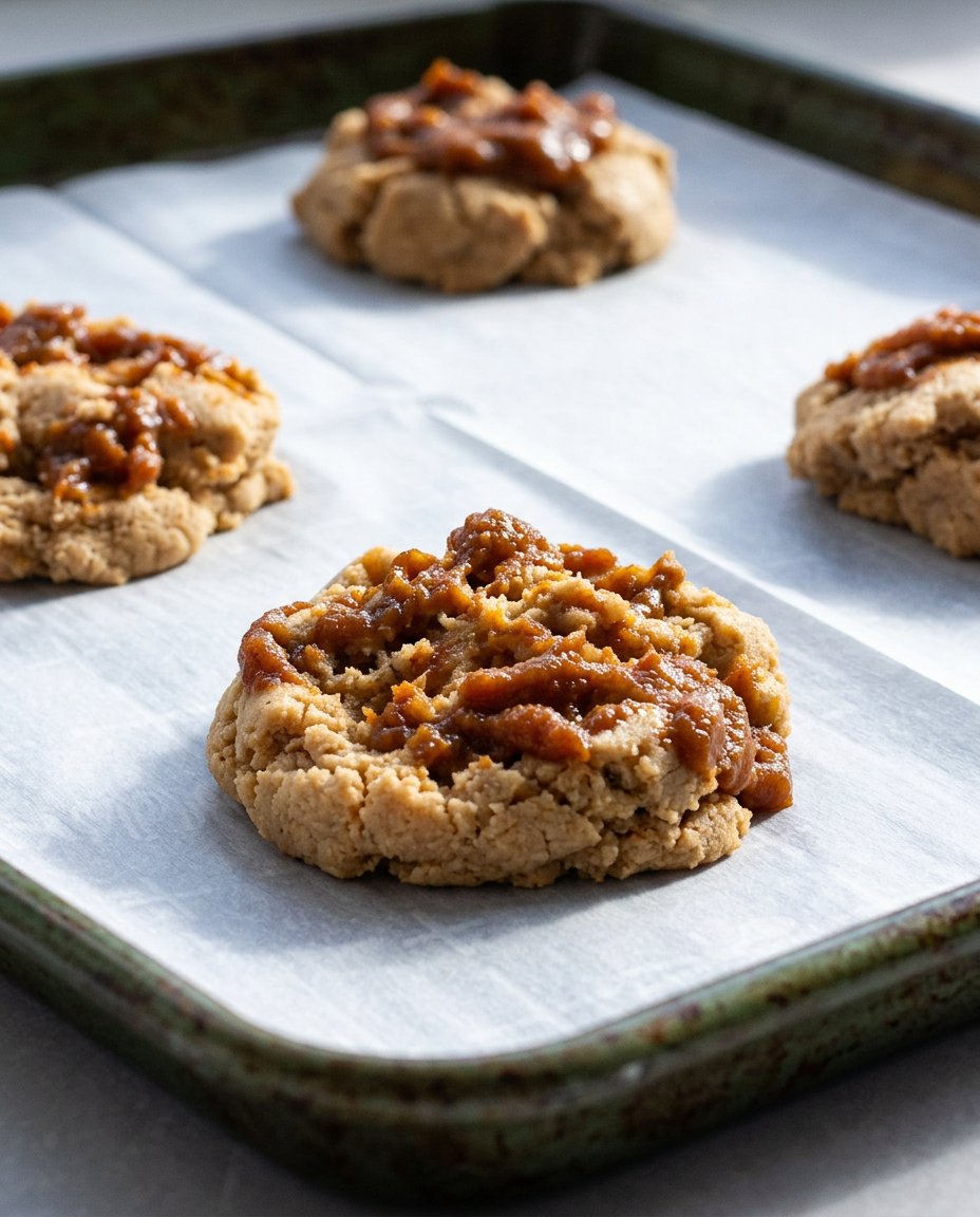 Thick rounds of chilled cookie dough topped with swirls of pumpkin miso caramel