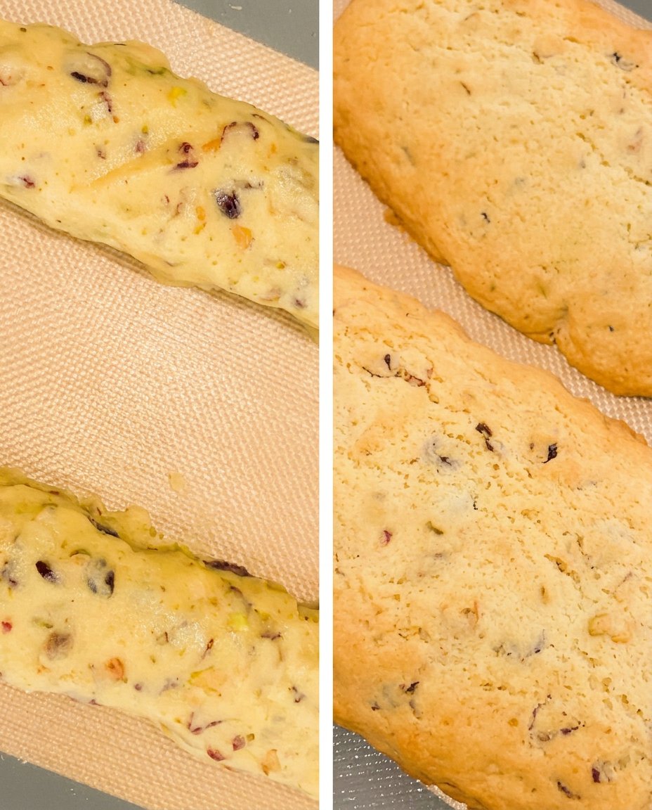 Ingredients for biscotti including fresh cranberries, pistachios, and butter