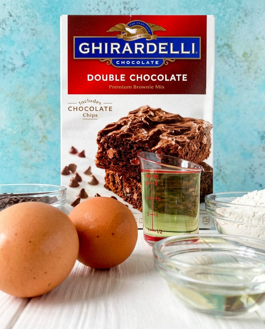 Ghirardelli brownie box, eggs, flour, oil, and mini chocolate chips laid out on a counter.
