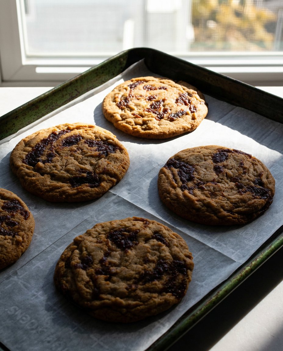 Home - ِCookies Charm - More is More 5 Fresh baked miso caramel cookies with beautiful pumpkin swirl on a rustic cooling rack