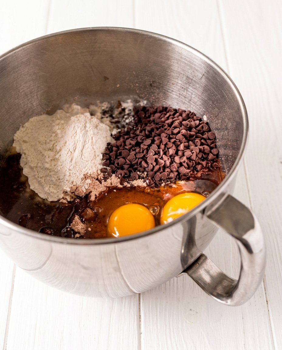 A close up of a brownie cookie pulled apart, showing a gooey underbaked fudge center.