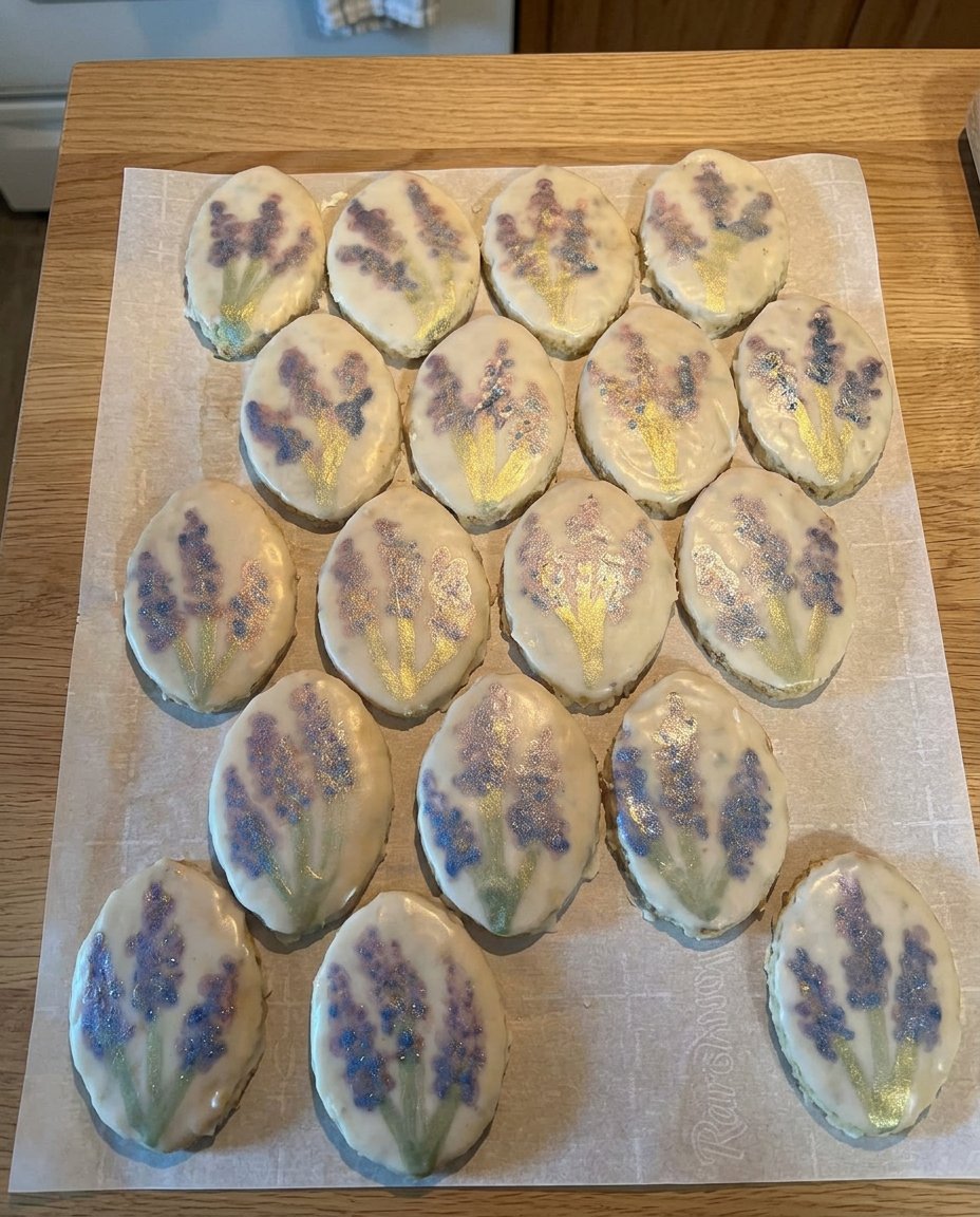 A massive stack of white chocolate dipped lavender shortbread