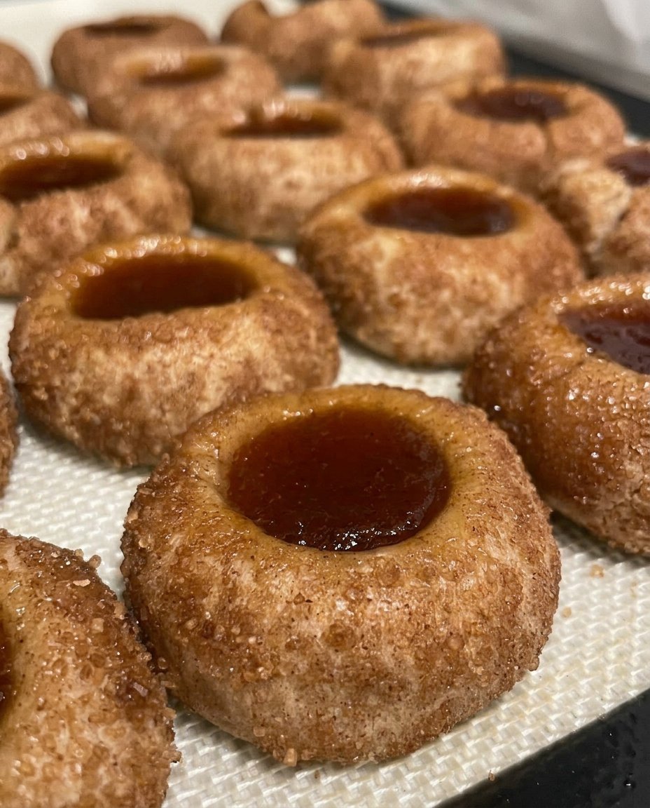 Loaded peach thumbprint cookies with cinnamon glaze and fruit chunks