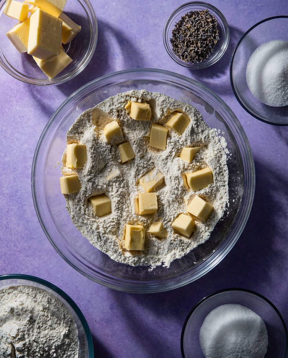 Butter, sugar, and crushed culinary lavender ready for mixing