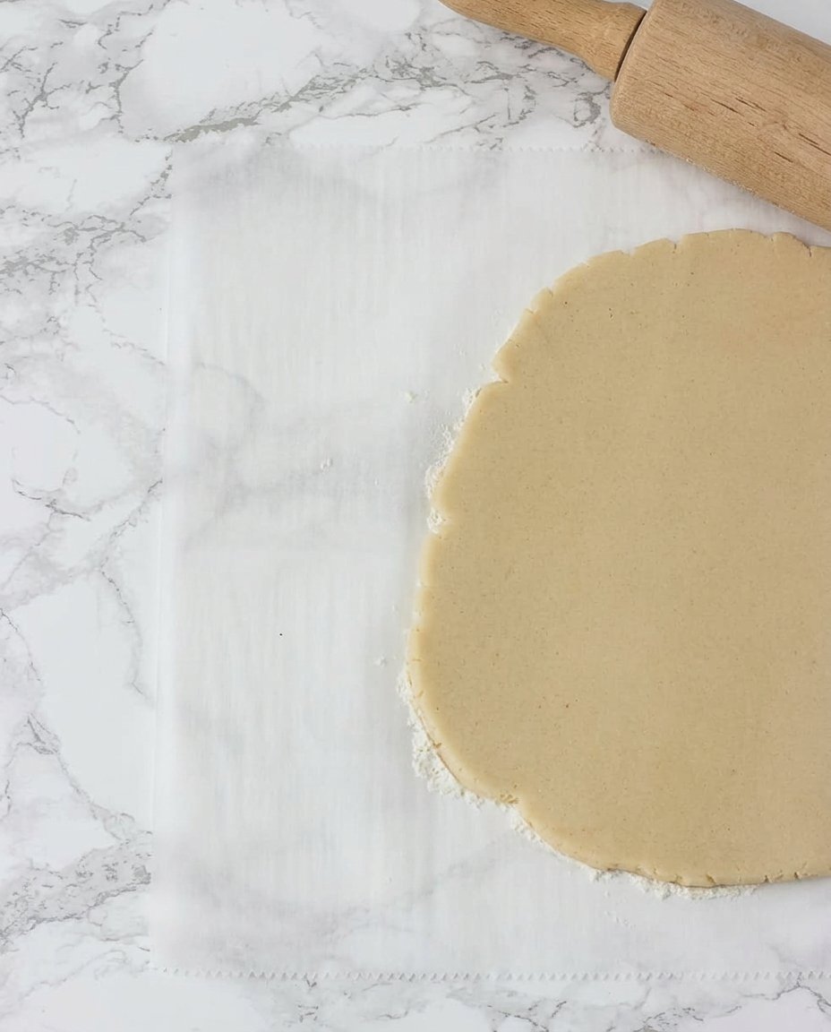 Someone rolling out vegan sugar cookie dough on parchment paper