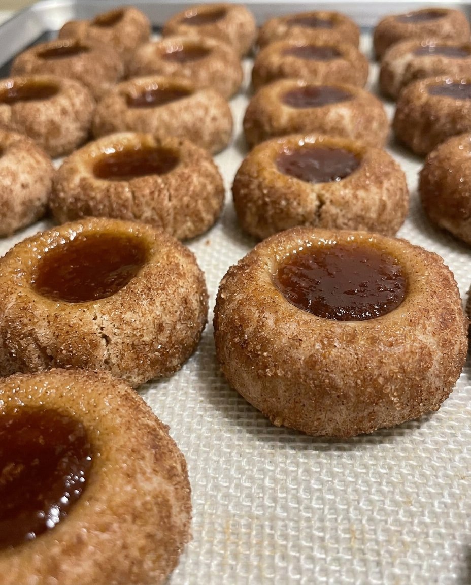 Peach thumbprint cookies served on a plate with a cup of tea