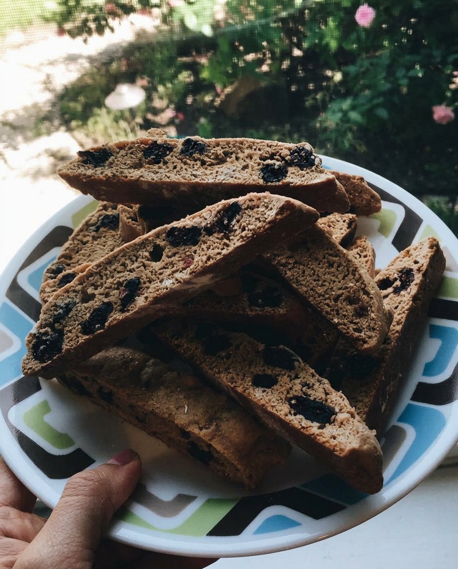 Slicing a warm biscotti log with a serrated knife