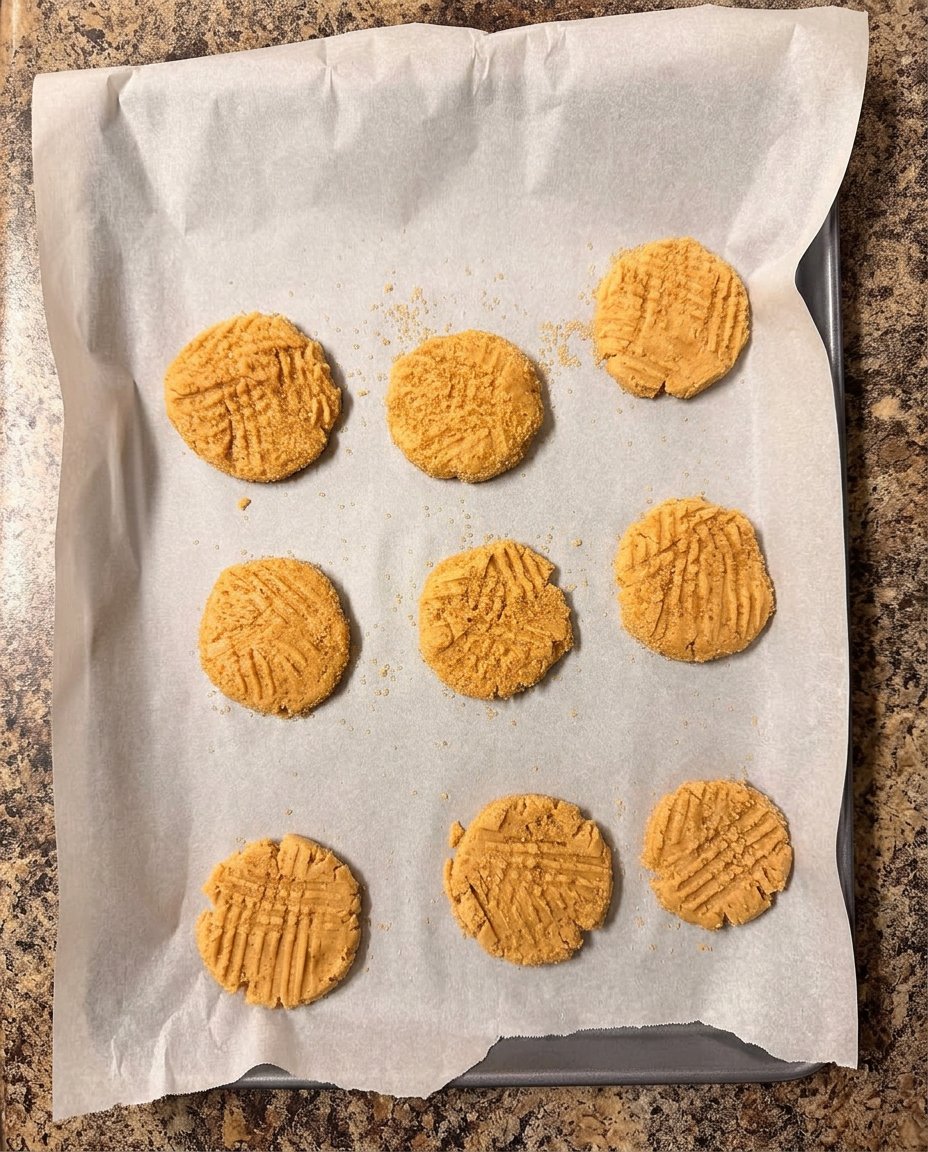 Freshly baked peanut butter cookies with criss cross pattern resting on a wire rack