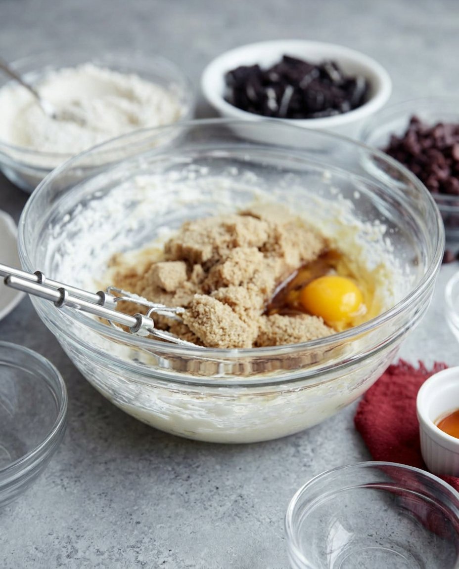 An overhead shot of dark molasses, ground ginger, cinnamon, and flour on a dark countertop.